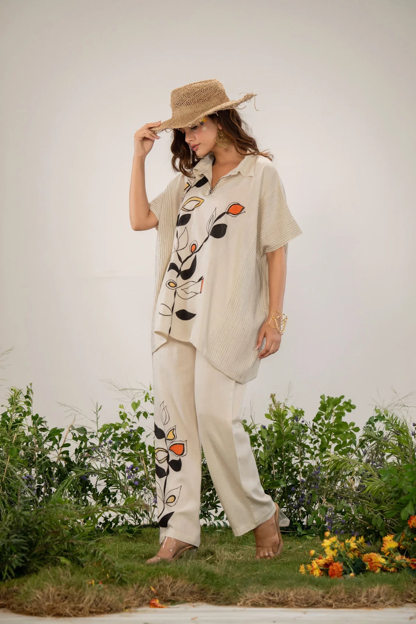 Solid Cream Printed Kaftan Style Co-Ord Set in Linen Slub