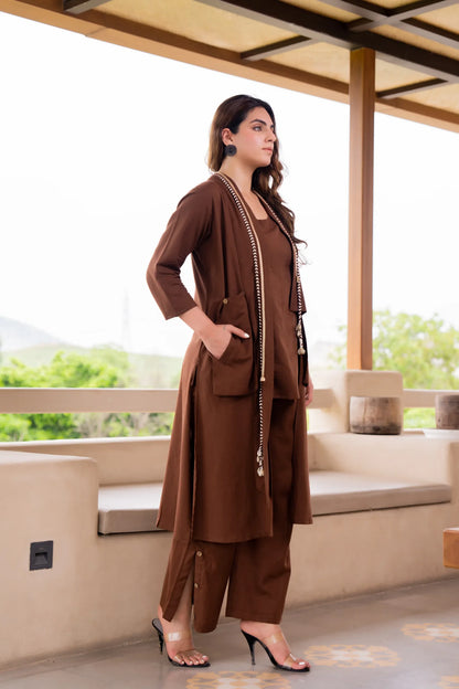Brown 3 Piece Printed Co-ord Set in Cotton
