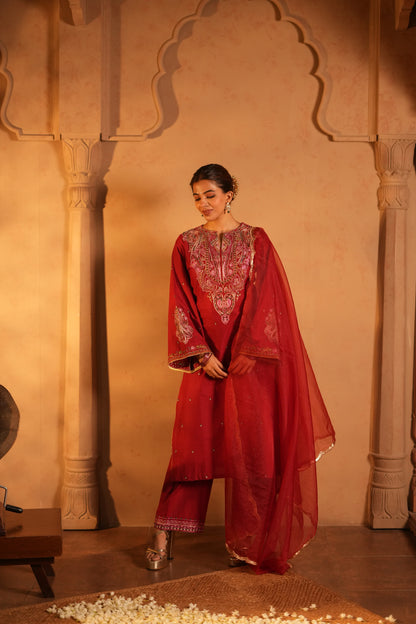 Red Lawn Embroidered Kurta Set with Dupatta