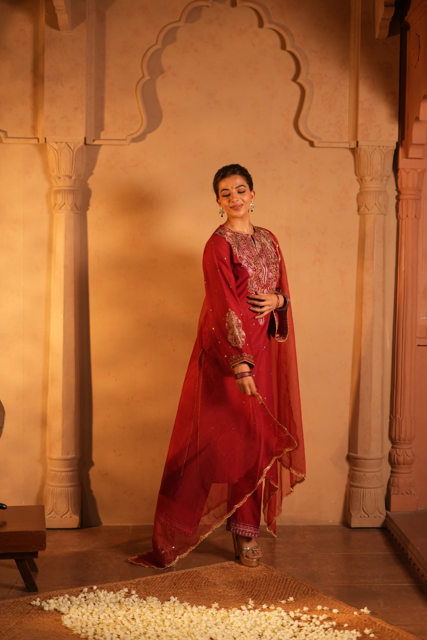 Red Lawn Embroidered Kurta Set with Dupatta