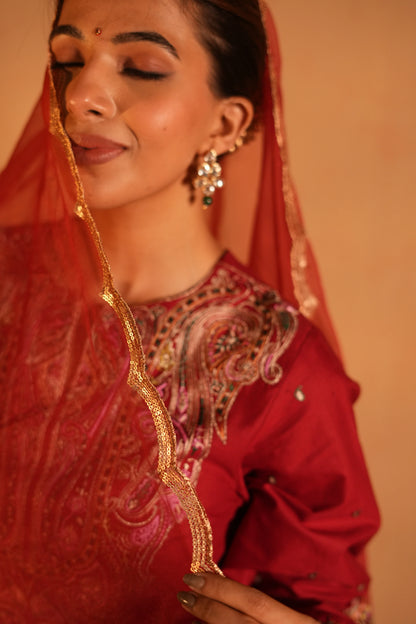 Red Lawn Embroidered Kurta Set with Dupatta