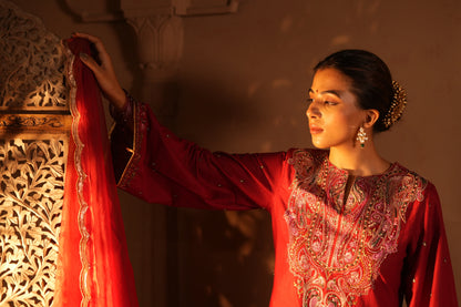 Red Lawn Embroidered Kurta Set with Dupatta
