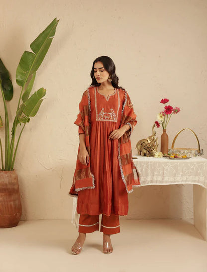 Rust Hand Embroidered Suit with Tissue Striped Dupatta