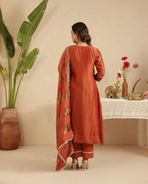 Rust Hand Embroidered Suit with Tissue Striped Dupatta