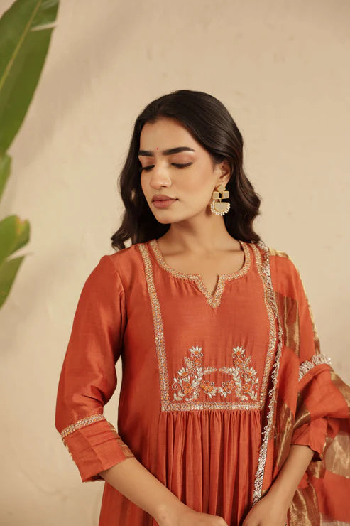 Rust Hand Embroidered Suit with Tissue Striped Dupatta