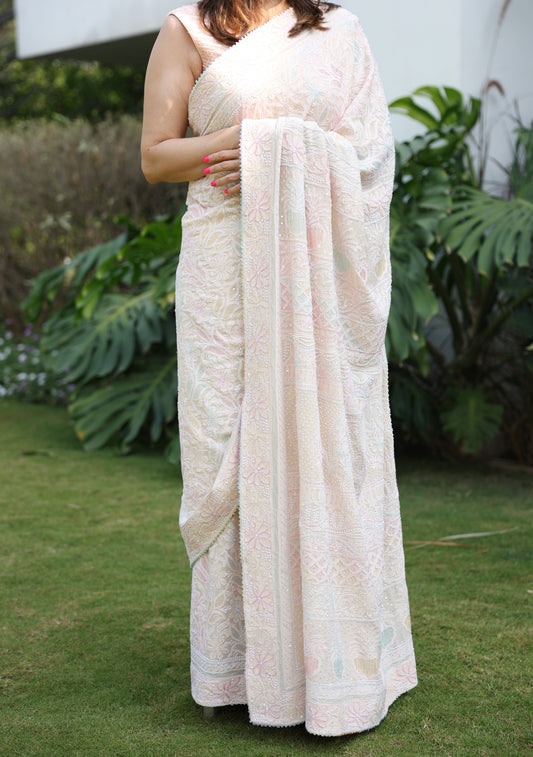 PEACH CHIKANKARI GEORGETTE SAREE W/BLOUSE PIECE