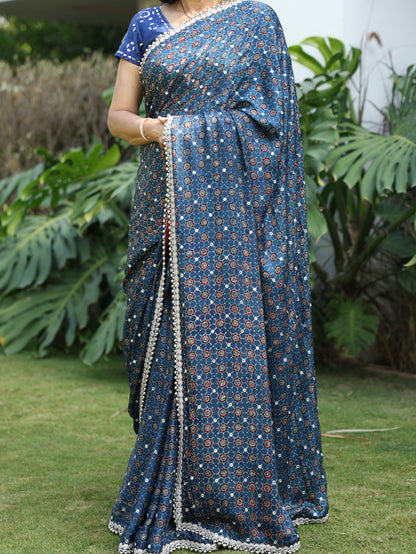 NAVY BLUE AJRAKH SAREE W/BLOUSE PIECE