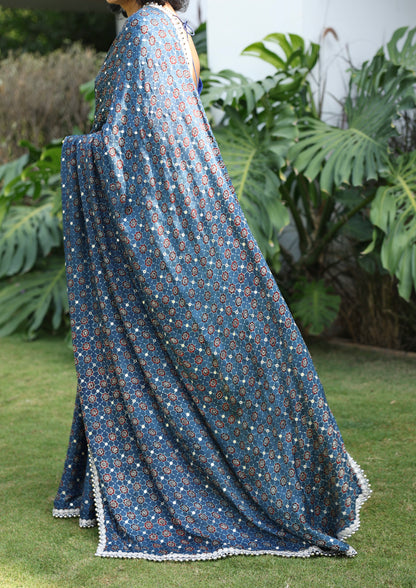 NAVY BLUE AJRAKH SAREE W/BLOUSE PIECE