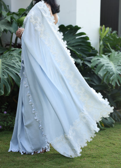 LIGHT BLUE CREPE SAREE W/BLOUSE PIECE