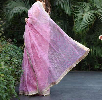 PINK ORGANZA SAREE W/BLOUSE PIECE