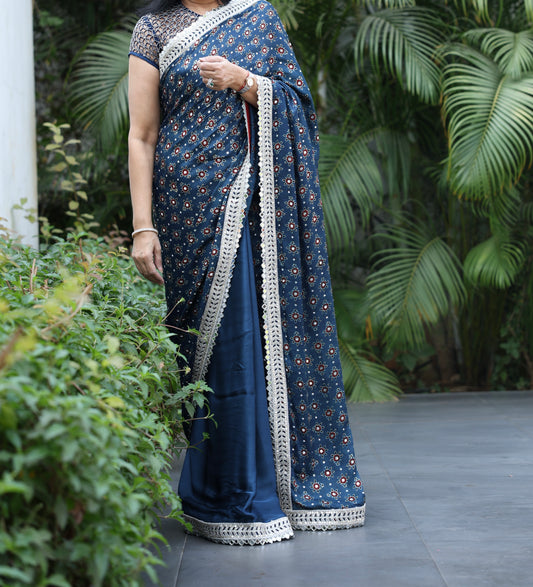 NAVY BLUE AJRAKH SAREE