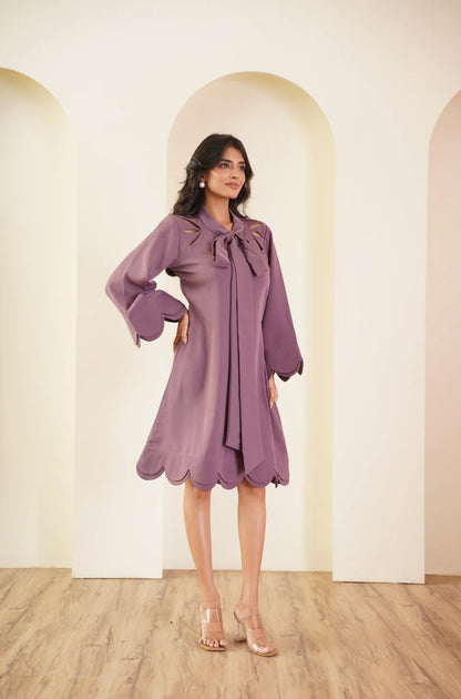 Mauve Scallop-Edge A-Line Dress