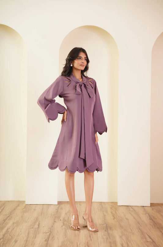 Mauve Scallop-Edge A-Line Dress