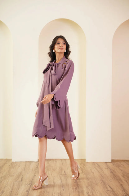 Mauve Scallop-Edge A-Line Dress