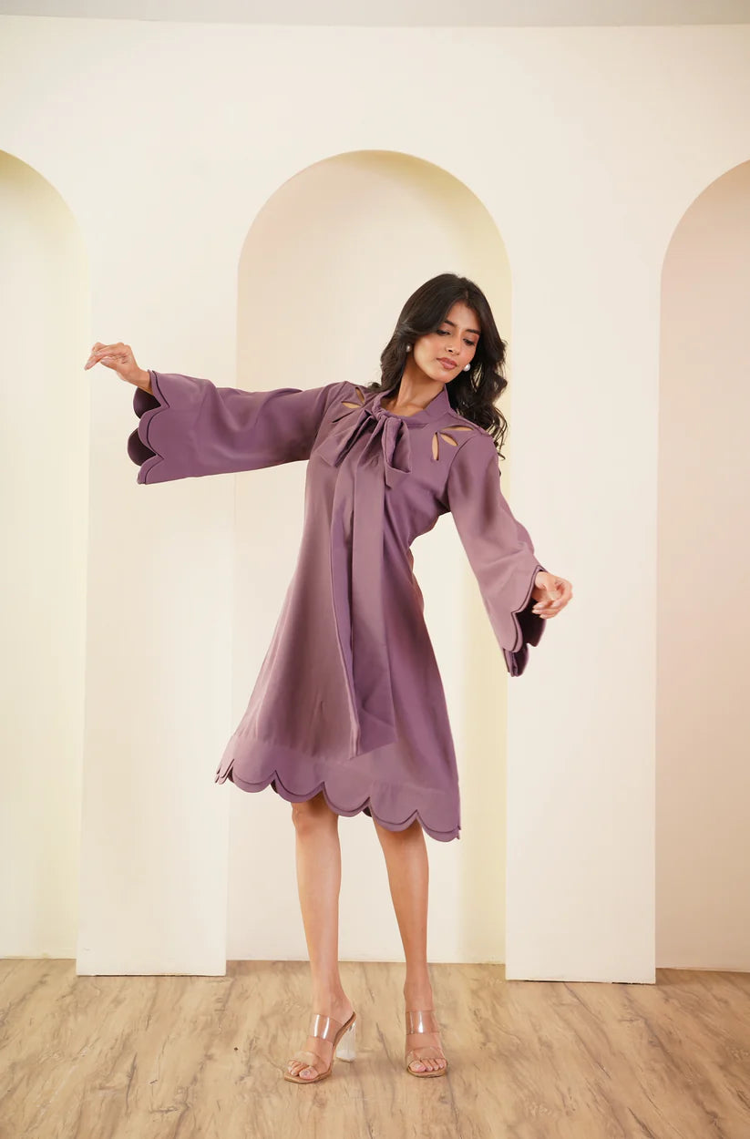 Mauve Scallop-Edge A-Line Dress