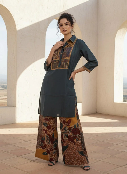 Deep Slate Blue Ajrakh Panel Kurta Set in Muslin