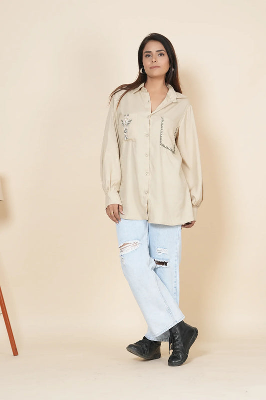 beige linen shirt with thread work embroidery