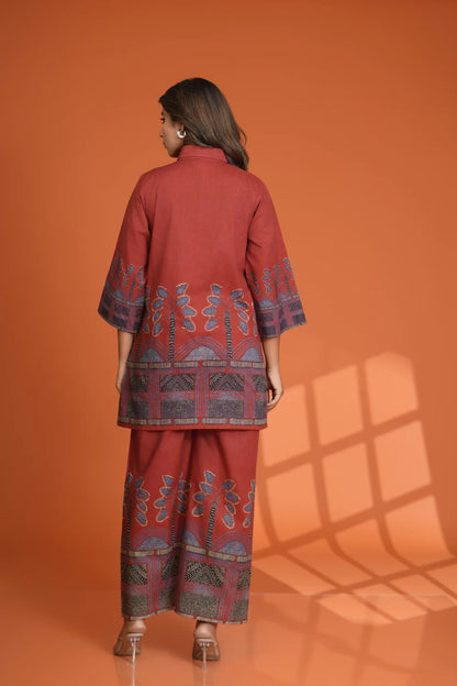 Red Border Printed Beaded Co-Ord Set