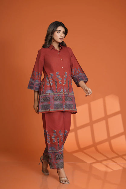 Red Border Printed Beaded Co-Ord Set