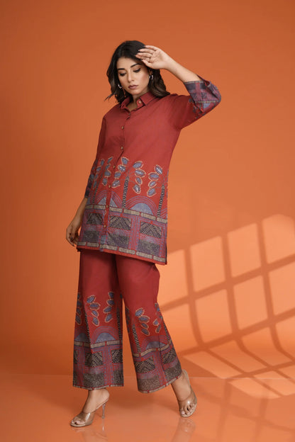 Red Border Printed Beaded Co-Ord Set