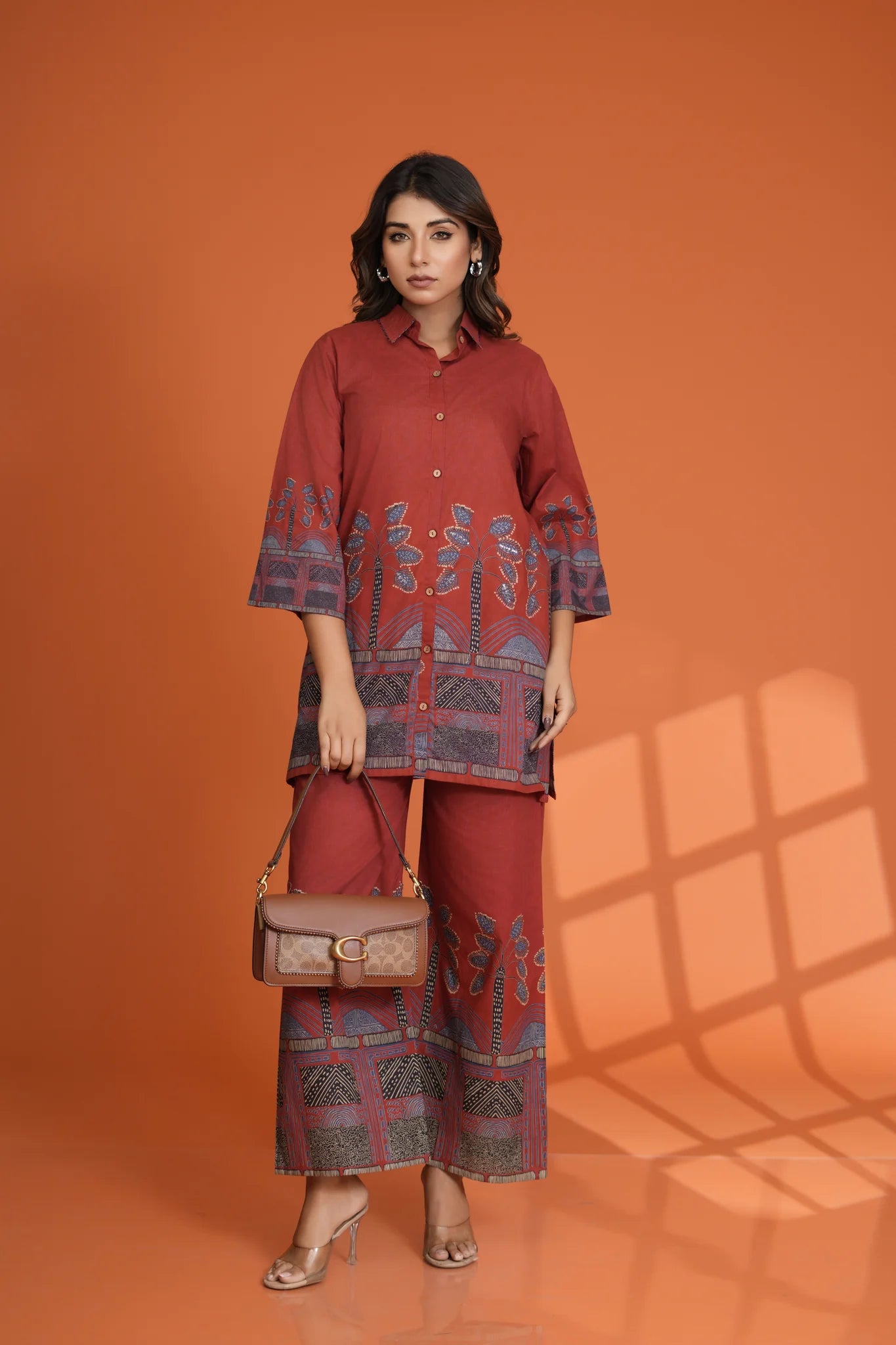 Red Border Printed Beaded Co-Ord Set