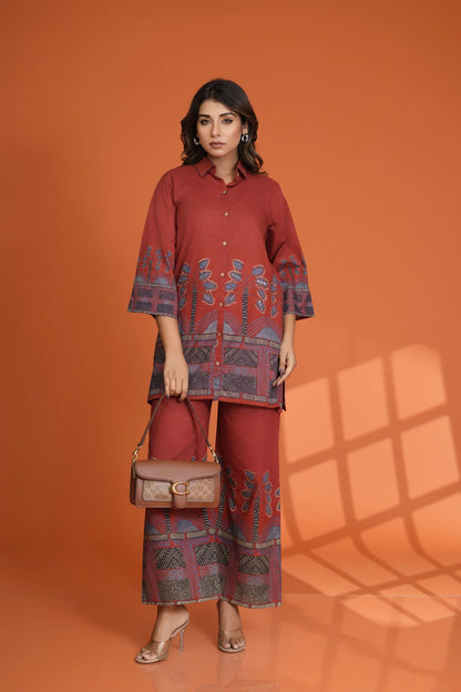 Red Border Printed Beaded Co-Ord Set