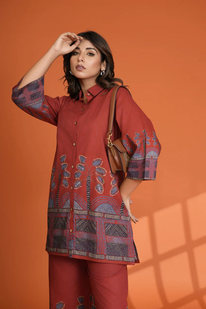 Red Border Printed Beaded Co-Ord Set