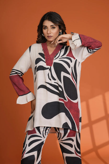 Cream Base Bold Placement Printed V-Neck Co-Ord Set in Muslin