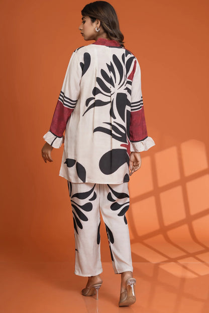 Cream Base Bold Placement Printed V-Neck Co-Ord Set in Muslin