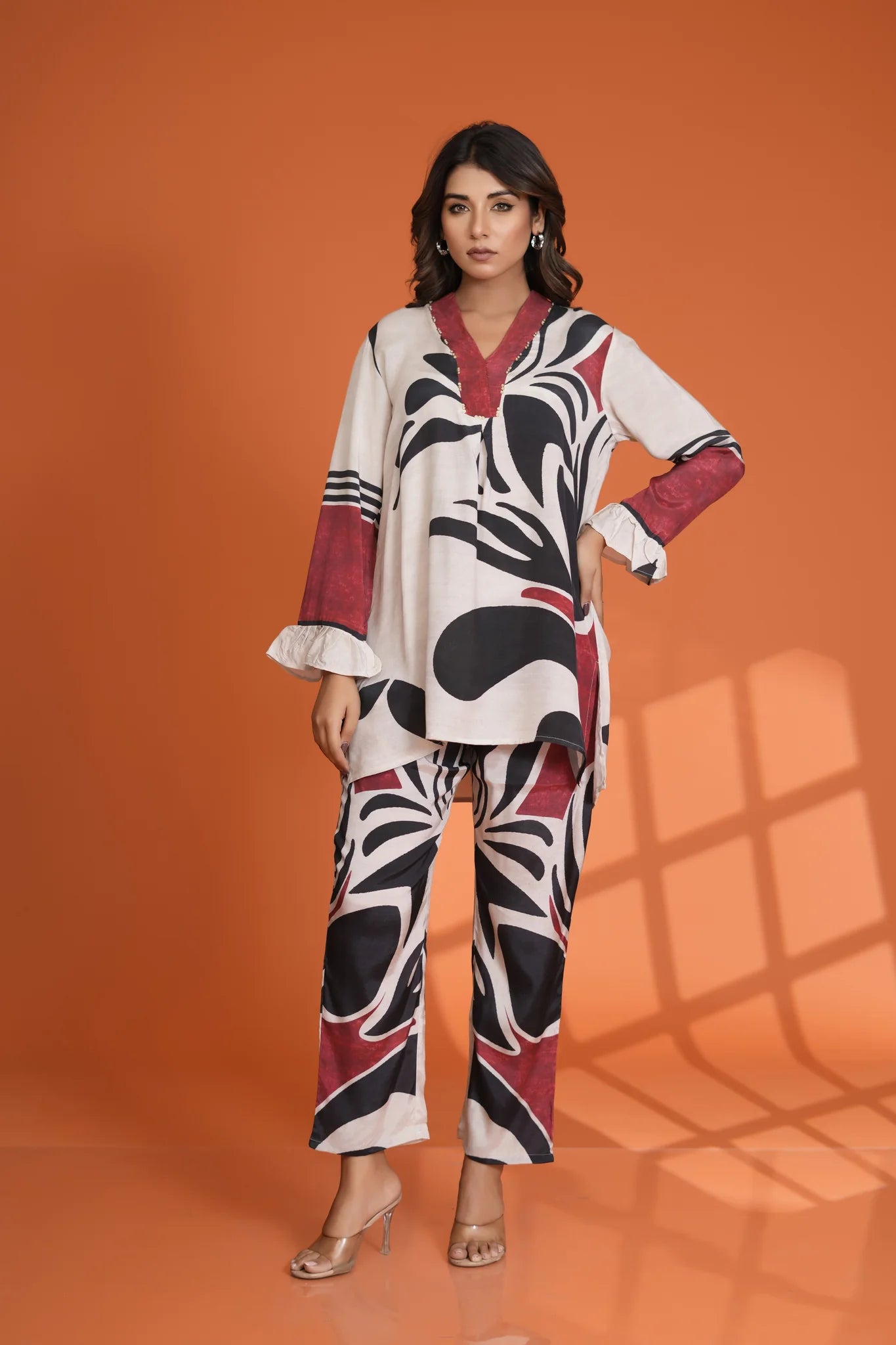 Cream Base Bold Placement Printed V-Neck Co-Ord Set in Muslin