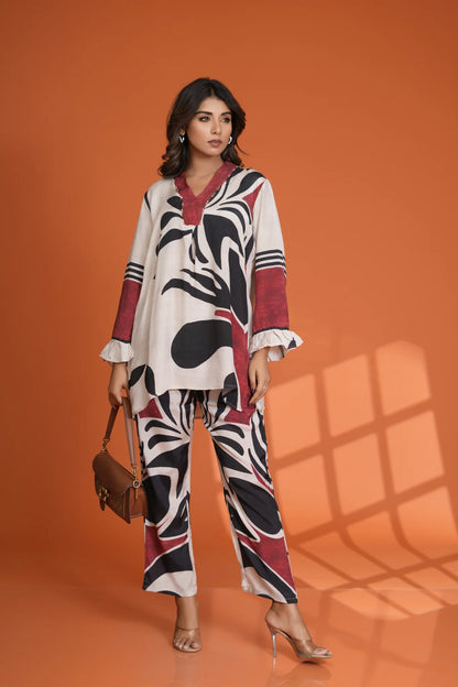 Cream Base Bold Placement Printed V-Neck Co-Ord Set in Muslin