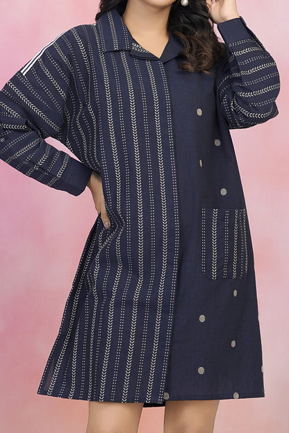 Navy Blue Jacquard Mini Shirt Dress