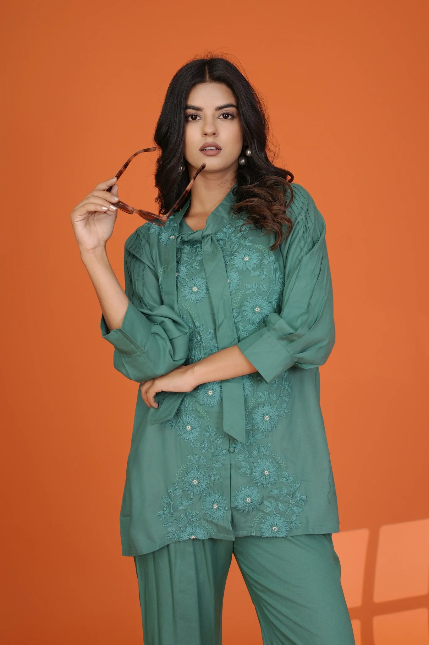 Green Embroidered Bow-Tie Co-Ord Set in Rayon Staple