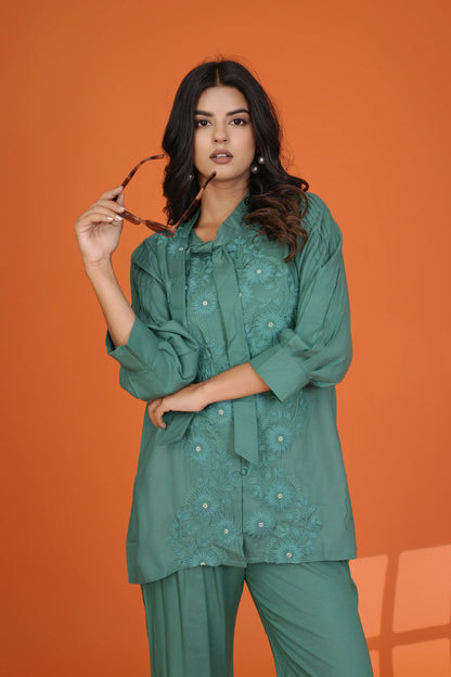 Green Embroidered Bow-Tie Co-Ord Set in Rayon Staple