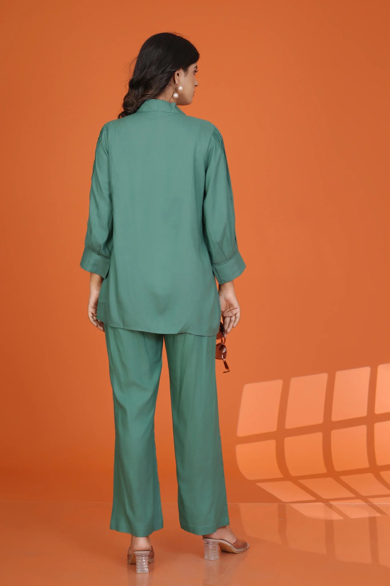 Green Embroidered Bow-Tie Co-Ord Set in Rayon Staple