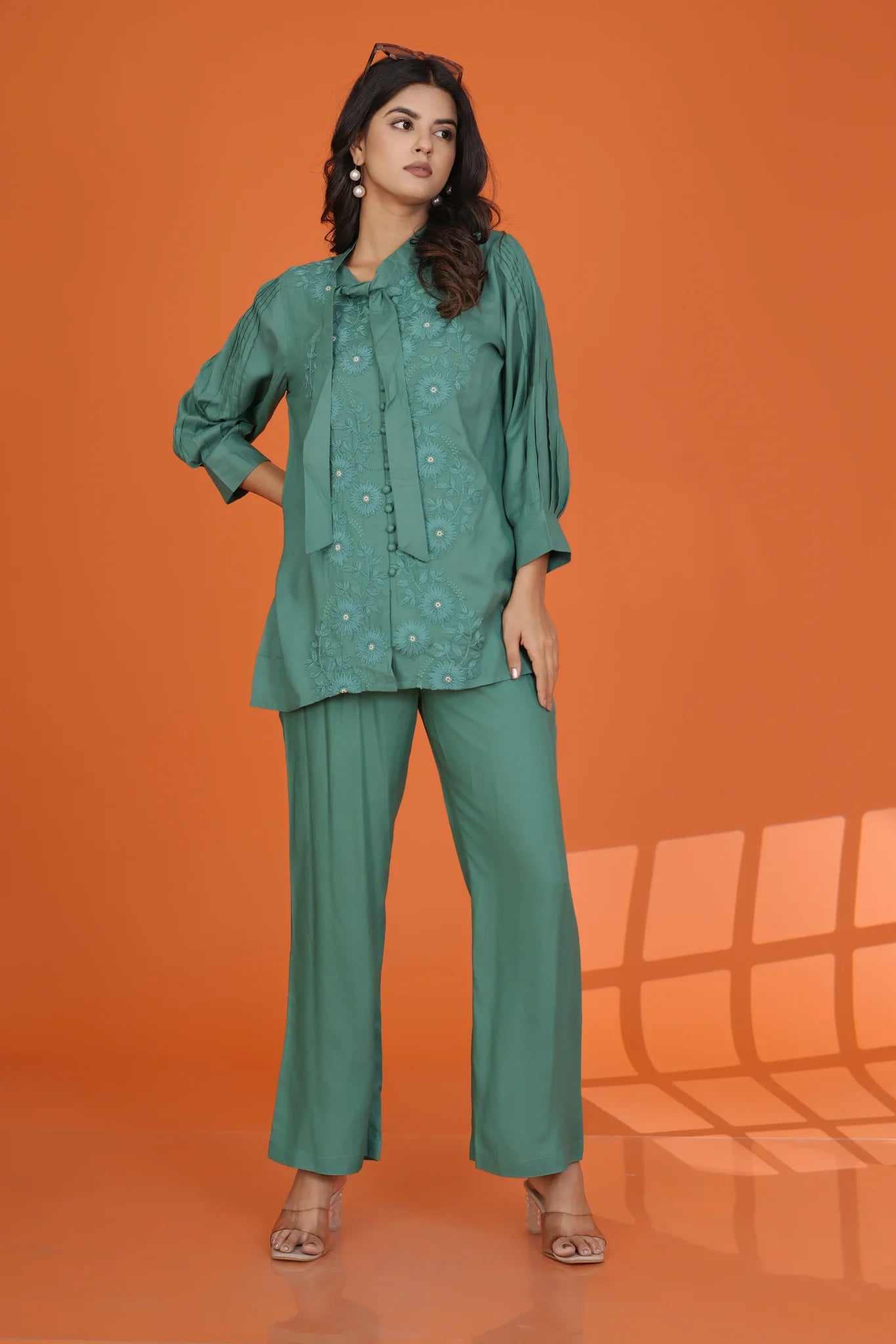 Green Embroidered Bow-Tie Co-Ord Set in Rayon Staple
