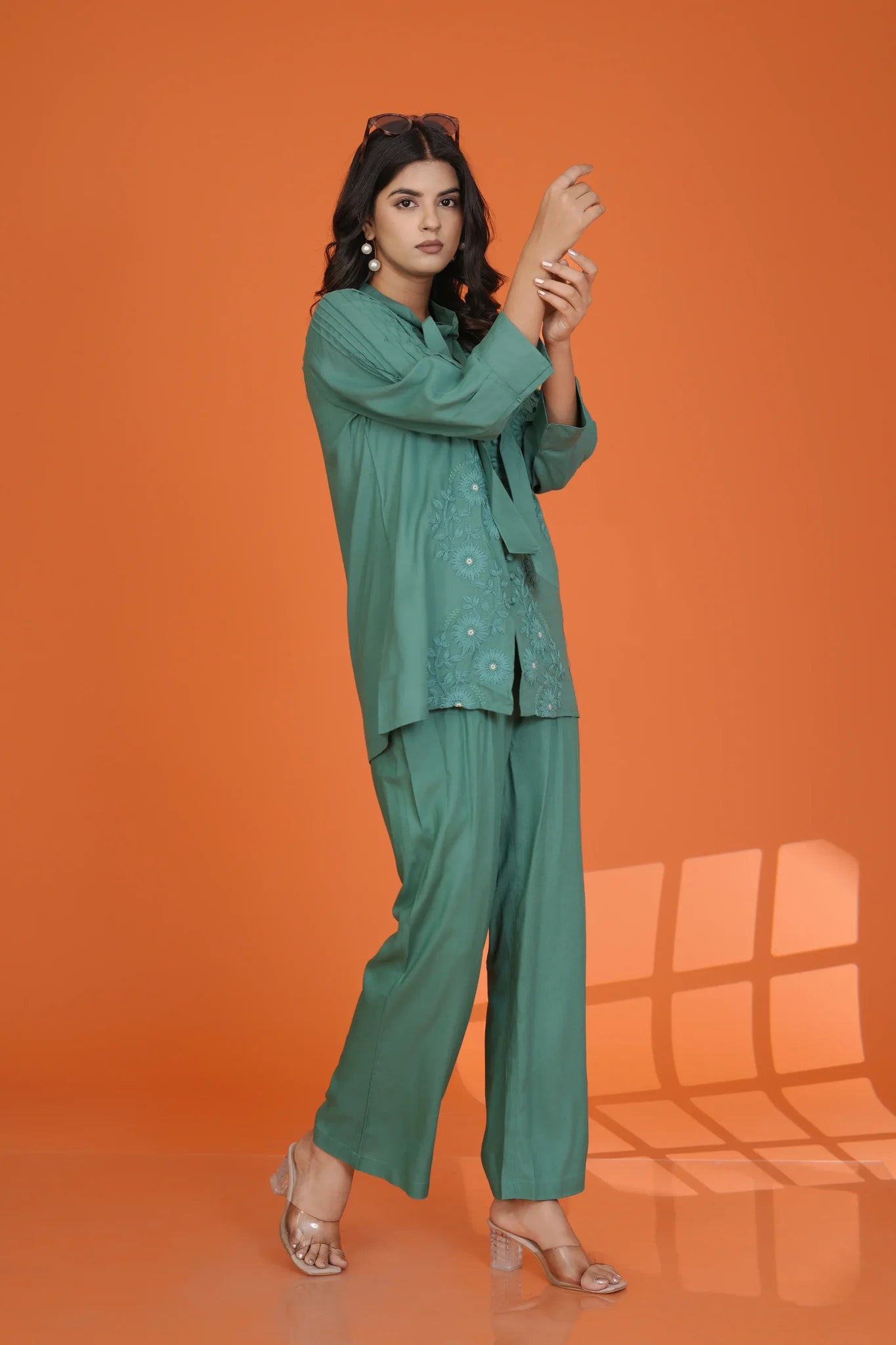 Green Embroidered Bow-Tie Co-Ord Set in Rayon Staple