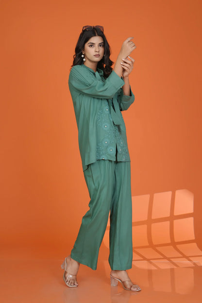 Green Embroidered Bow-Tie Co-Ord Set in Rayon Staple