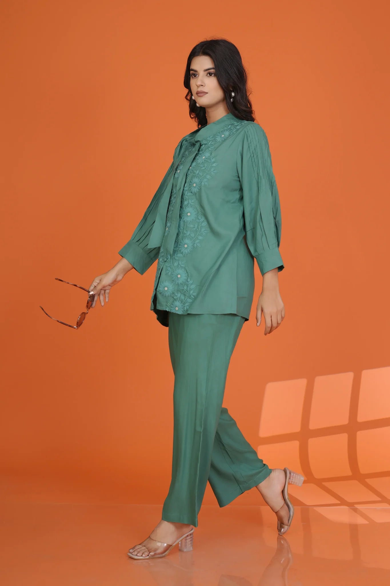 Green Embroidered Bow-Tie Co-Ord Set in Rayon Staple