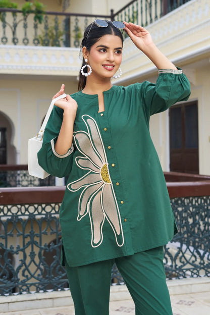 Leafy Green Embroidered Cotton Flex Co-ord Set