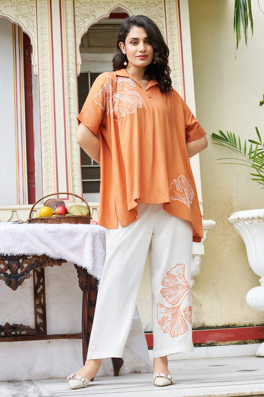 Orange Ginkgo Leaf Embroidered Co-ord Set in Cotton Slub