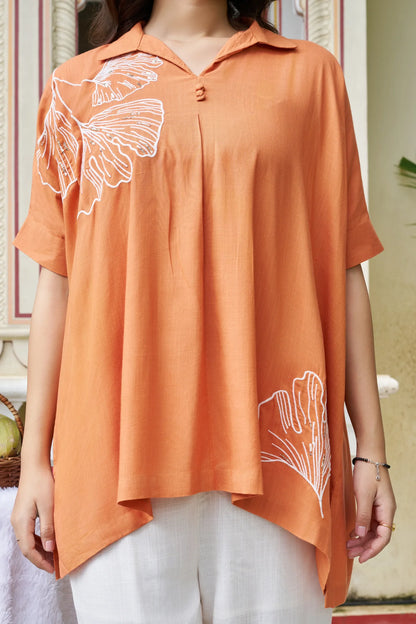 Orange Ginkgo Leaf Embroidered Co-ord Set in Cotton Slub