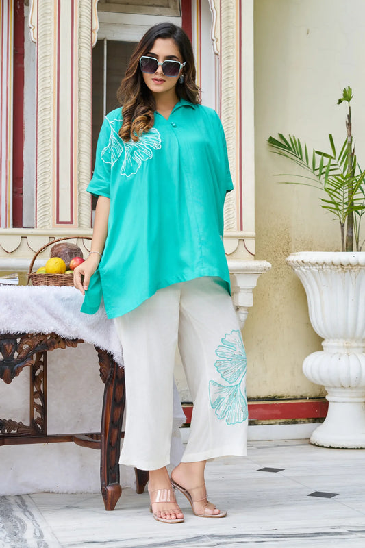 Turquoise Ginkgo Leaf Embroidered Co-ord Set in Cotton Slub