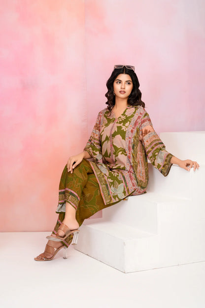 Olive Green Base Multicolor Printed Muslin Kurta Set
