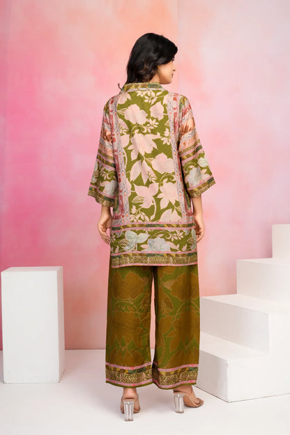 Olive Green Base Multicolor Printed Muslin Kurta Set