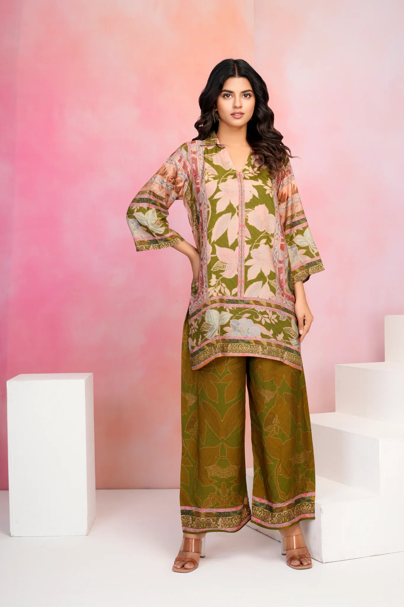 Olive Green Base Multicolor Printed Muslin Kurta Set