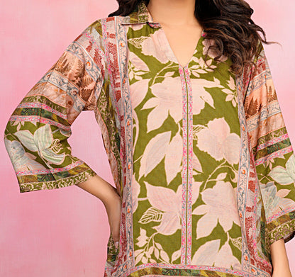 Olive Green Base Multicolor Printed Muslin Kurta Set