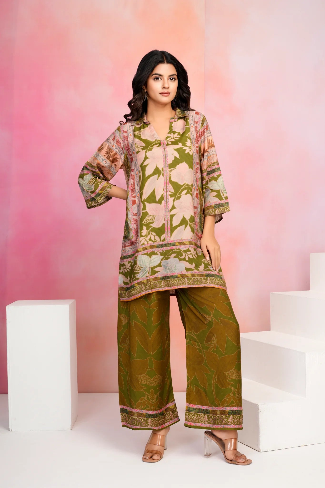 Olive Green Base Multicolor Printed Muslin Kurta Set