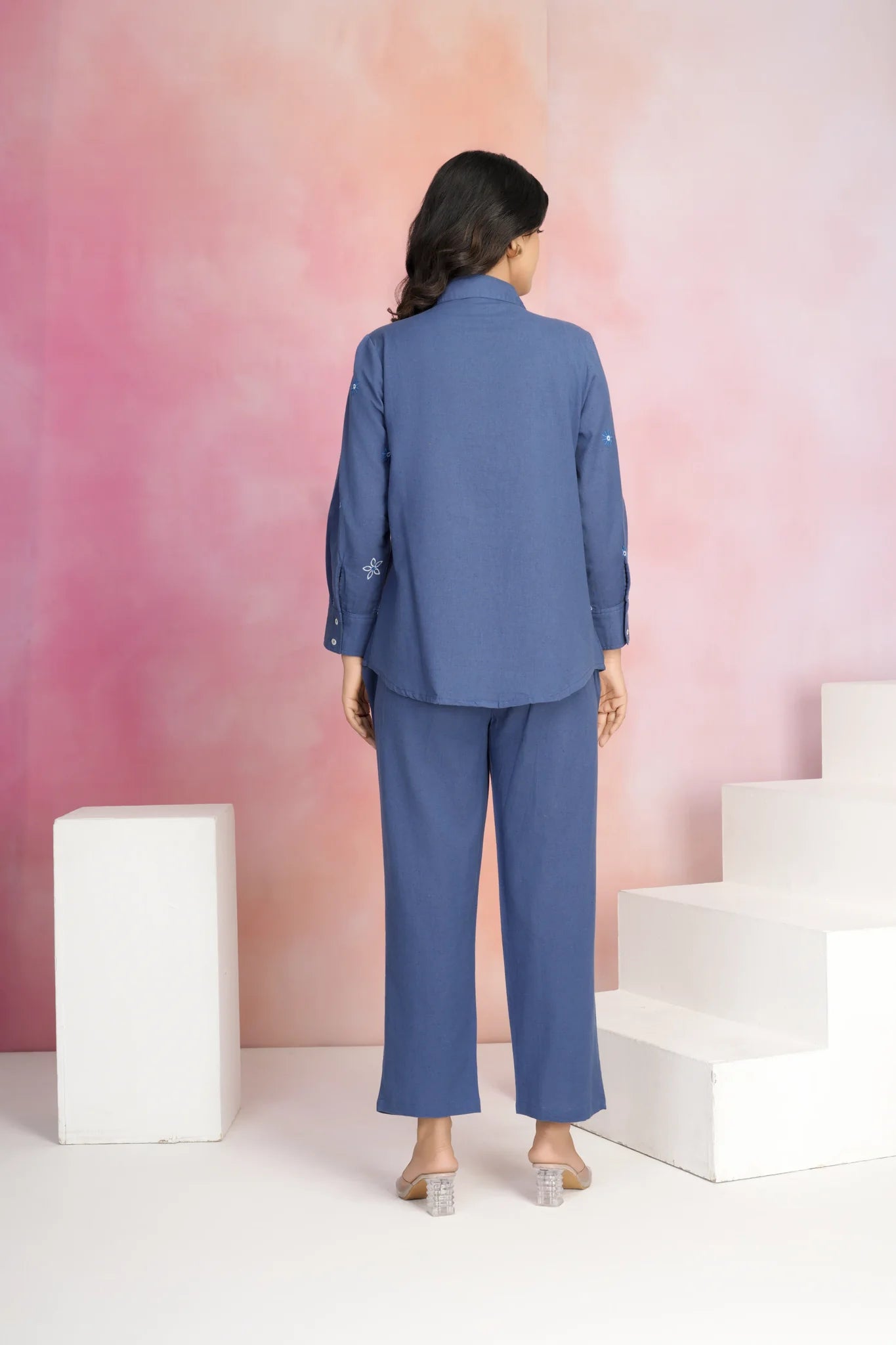 Navy Blue Embroidered Zip Cotton Flex Co-Ord Set