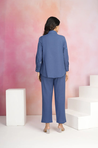 Navy Blue Embroidered Zip Cotton Flex Co-Ord Set